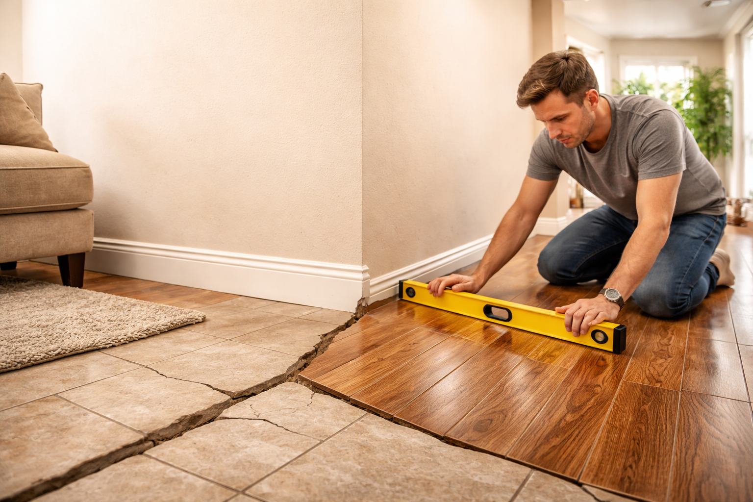 Man fixing uneven floor with level tool