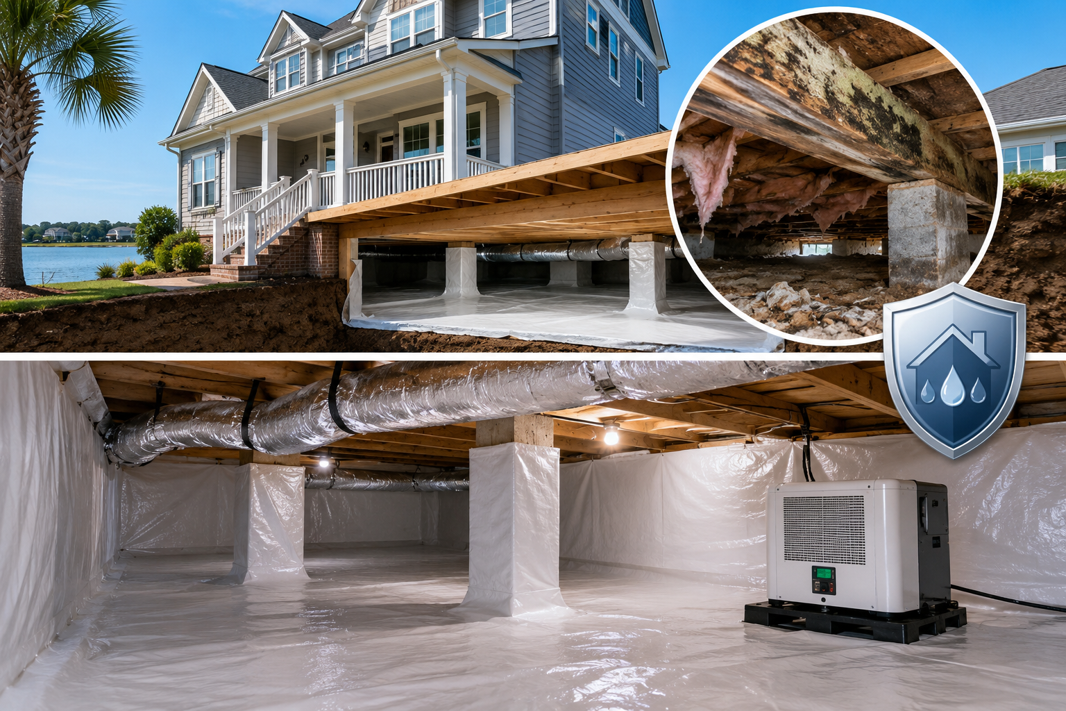 Encapsulated crawl space under a coastal home showing vapor barrier, insulation, and dehumidifier alongside a damaged moldy crawl space comparison