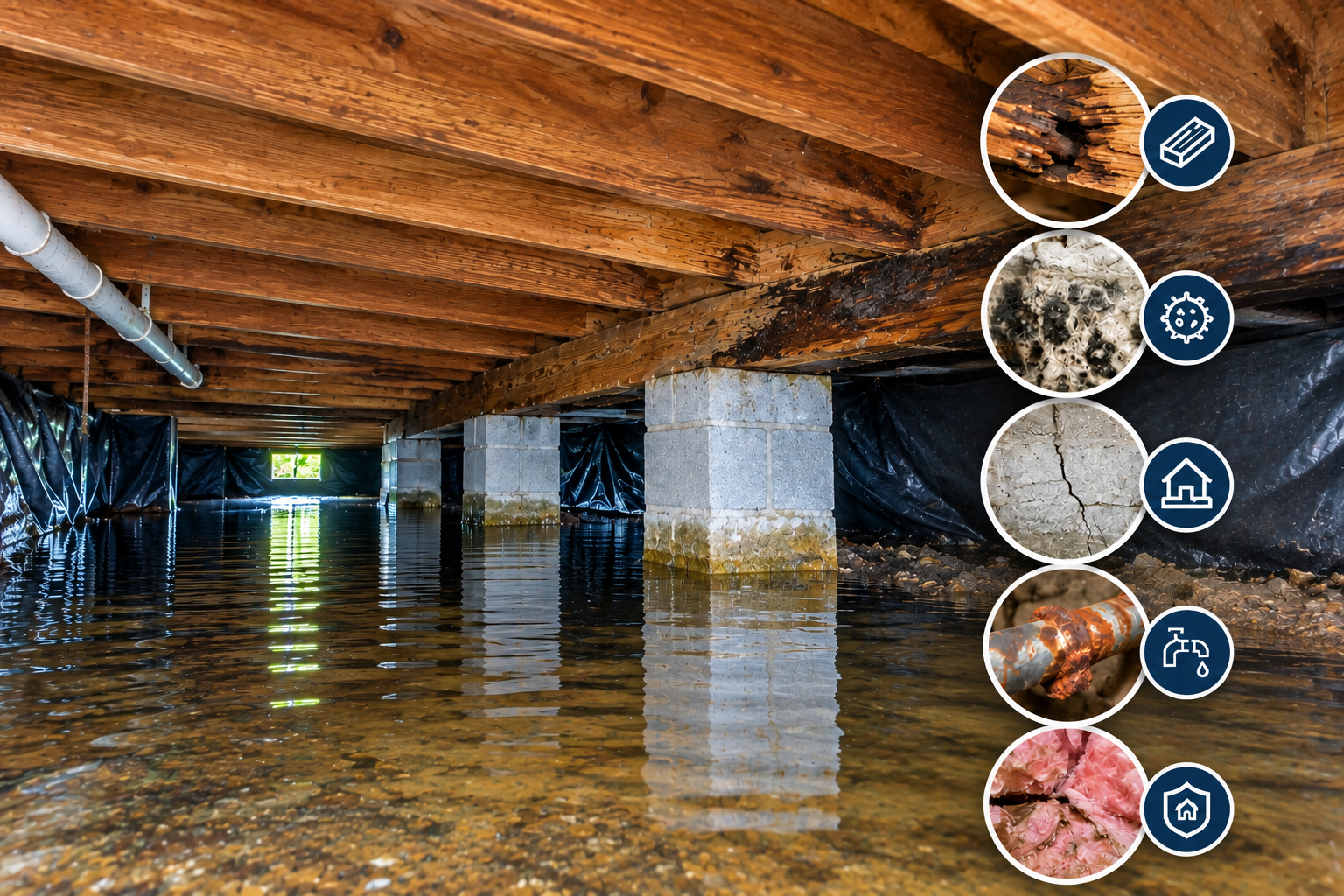 Crawlspace with standing water, mold, and wood damage.