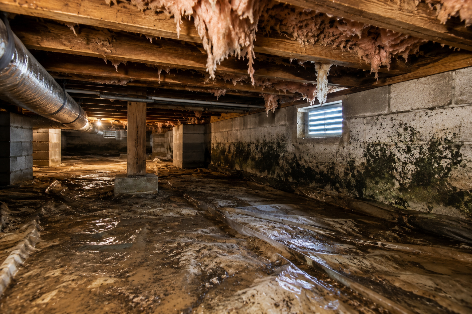Damp crawlspace with mold, wet insulation, and moisture causing a musty smell beneath the home.