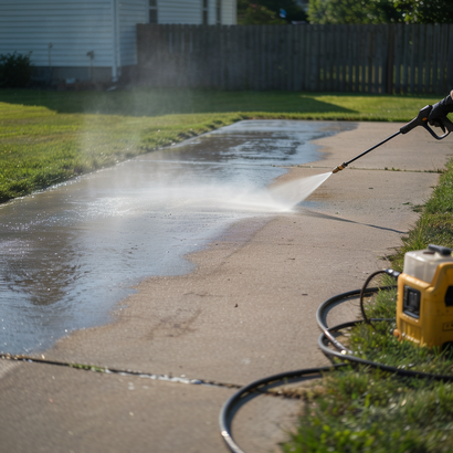 Person pressure-washing a concrete driveway beside a lawn on a sunny day