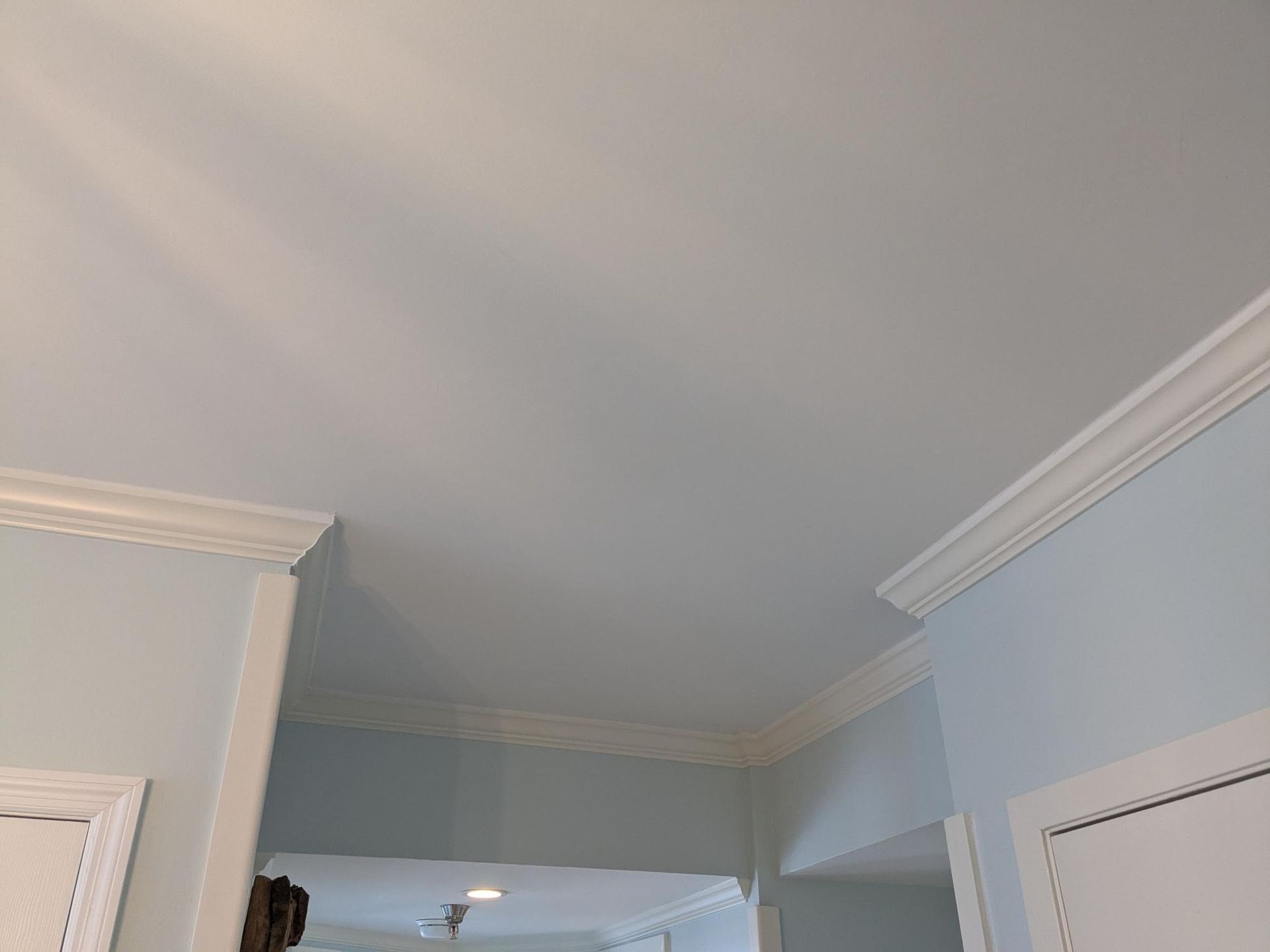 Ceiling with white crown molding and light blue walls.