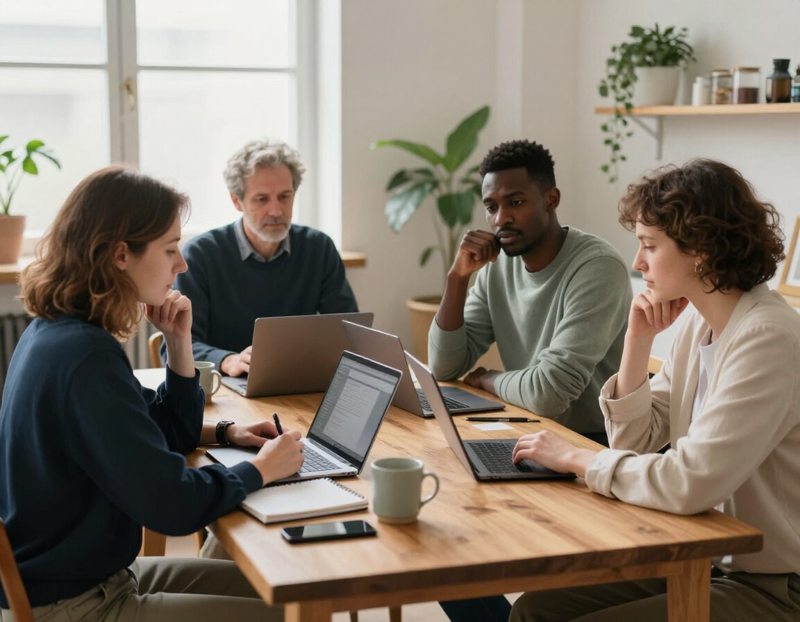 A small group of adults taking notes together in a business workshop