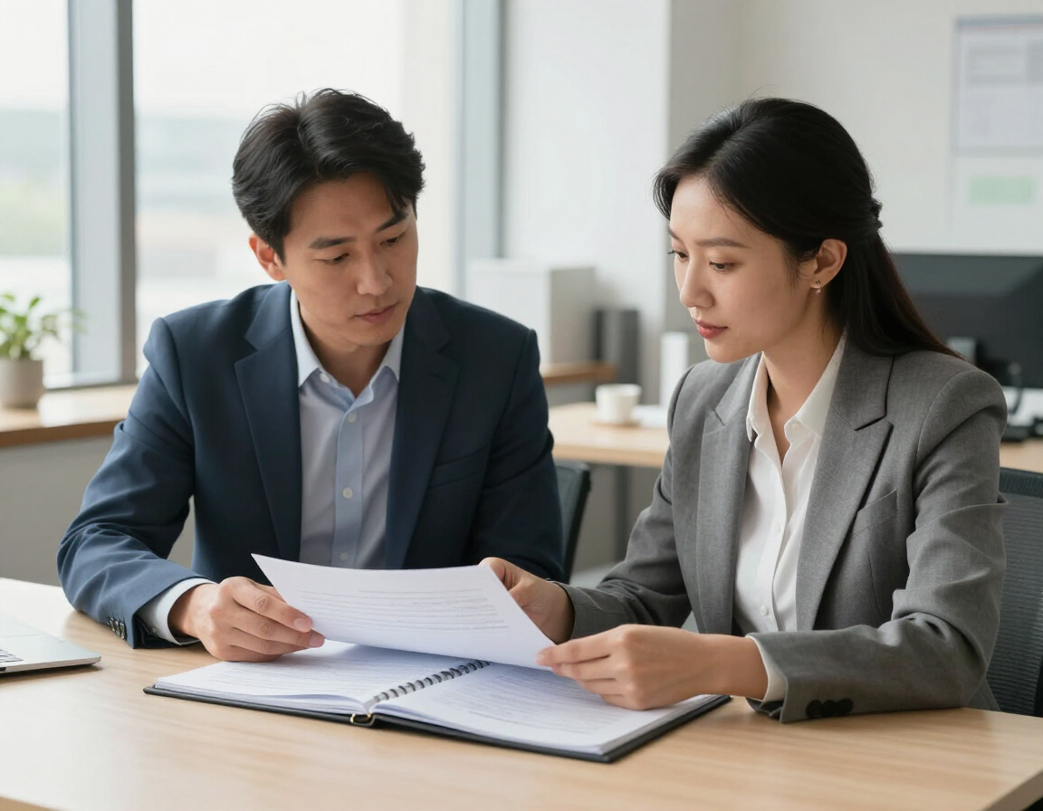 A real estate agent and a business owner reviewing a binder of documents together