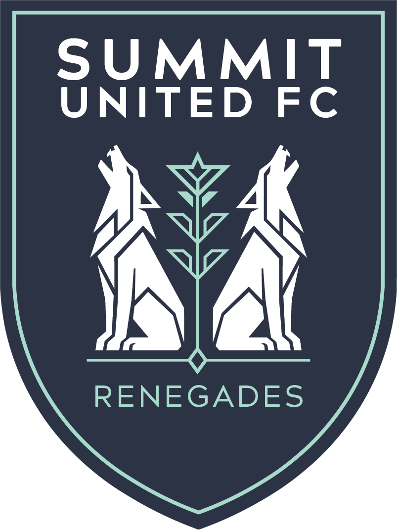 Summit United FC club bade, blue background with two howling wolves back to back and a camas flower placed inbetween