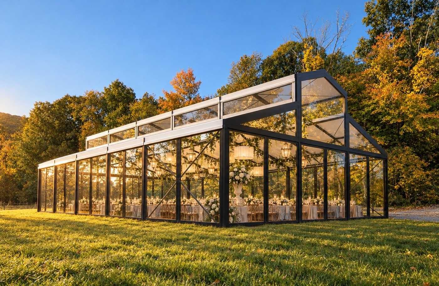 The Atrium House event space on the lawn at Ik & Lo Resort at golden hour, Coming May 2027