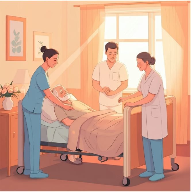 Drei Mitarbeiter des Gesundheitswesens kümmern sich in einem sonnendurchfluteten Krankenhauszimmer um einen Patienten.