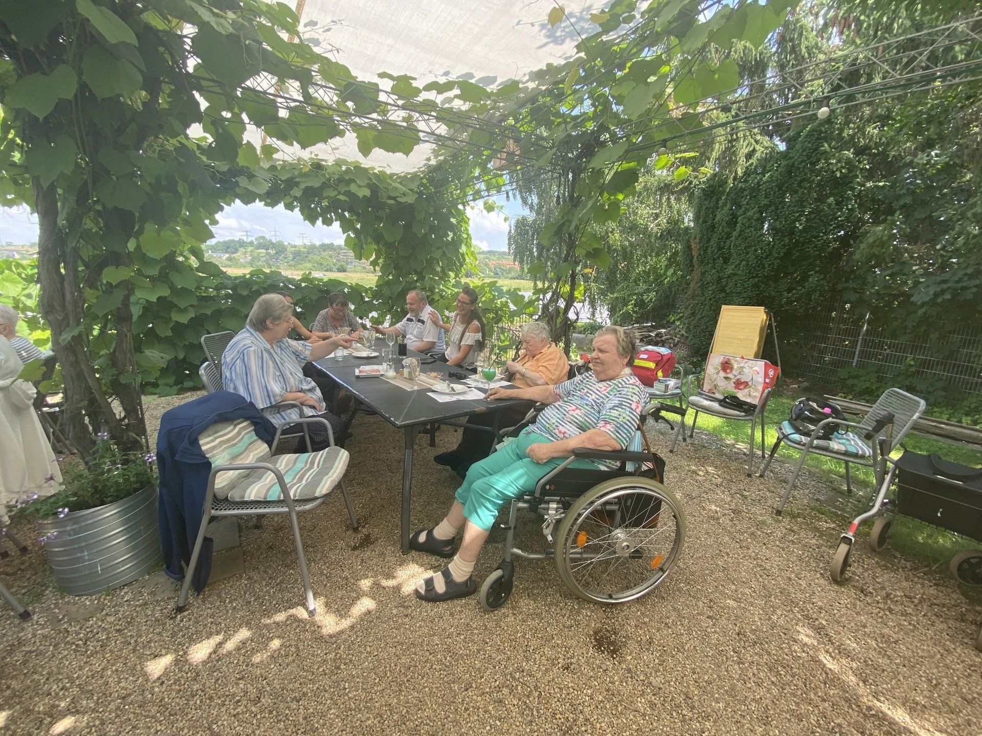 Eine Gruppe von Menschen sitzt an einem Tisch im Freien unter einer weinbewachsenen Pergola. Eine Person sitzt im Rollstuhl.