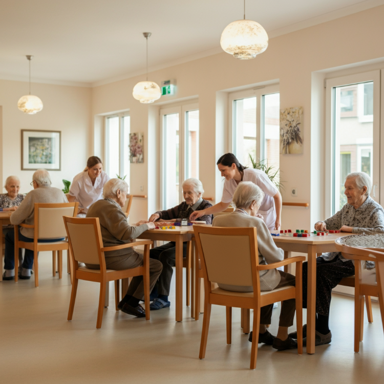 Senioren spielen unter der Aufsicht von Krankenschwestern an Tischen in einem hell erleuchteten Raum.