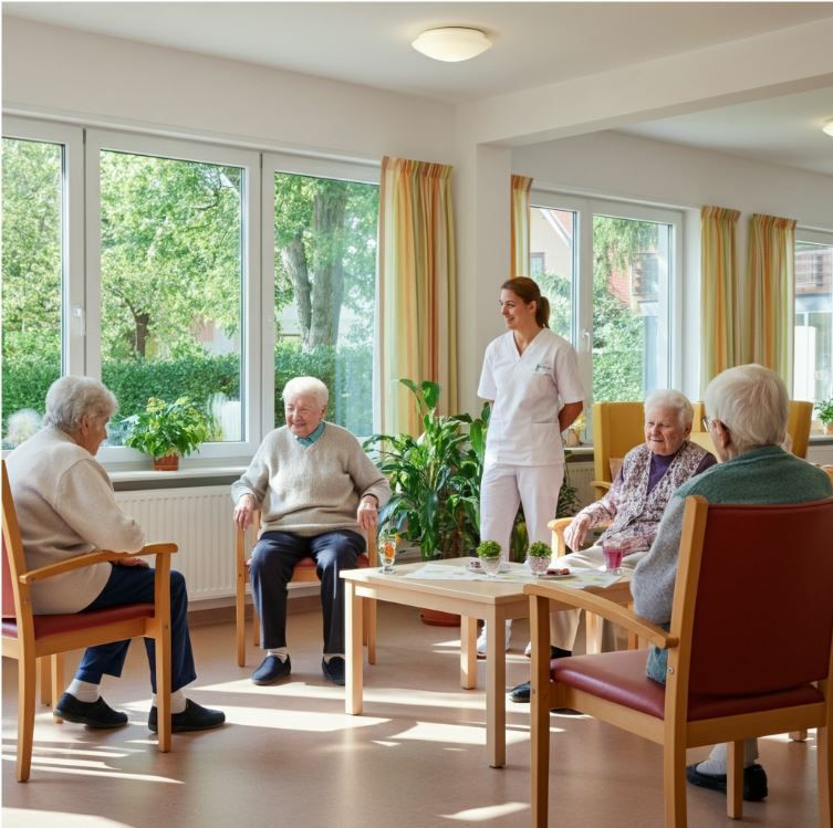 Fünf ältere Menschen und eine Pflegekraft in einem hellen Raum mit großen Fenstern, möglicherweise eine Pflegeeinrichtung.