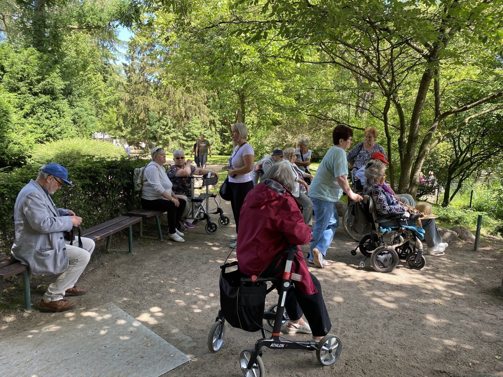 Gruppe von Menschen im Freien: einige sitzen, andere mit Gehhilfen oder Rollstühlen, unter Bäumen.