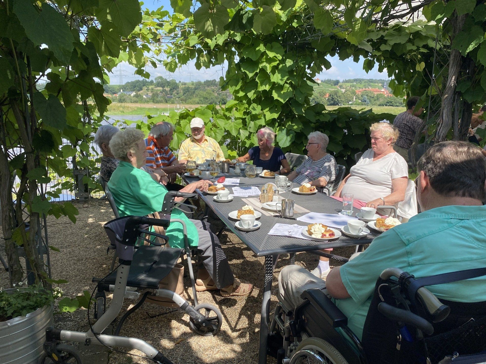 Eine Gruppe von Menschen sitzt an einem Tisch im Freien unter Weinreben und genießt das Essen und die Unterhaltung. 