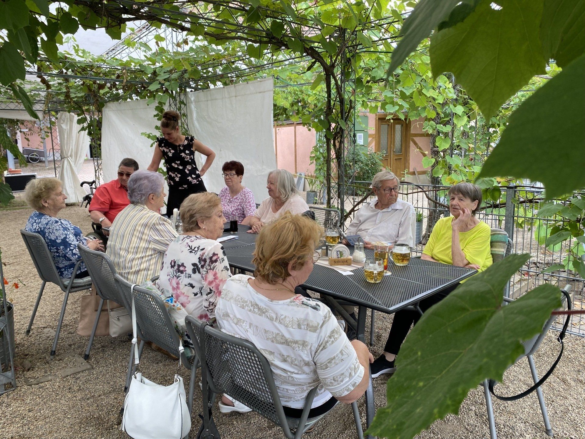 Eine Gruppe von Menschen sitzt an einem Tisch im Freien unter einem Weindach, in der Nähe steht eine Frau und unterhält sich.