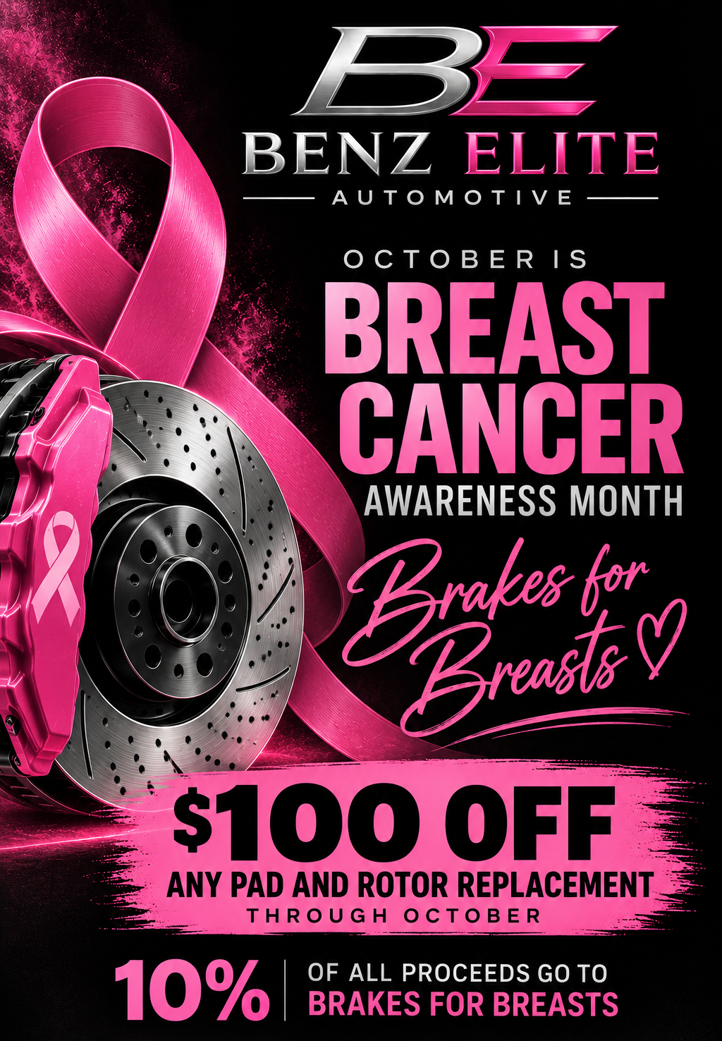 Brakes for Breasts Special $100 Off Any Pad and Rotor Placement | Benz Elite Automotive