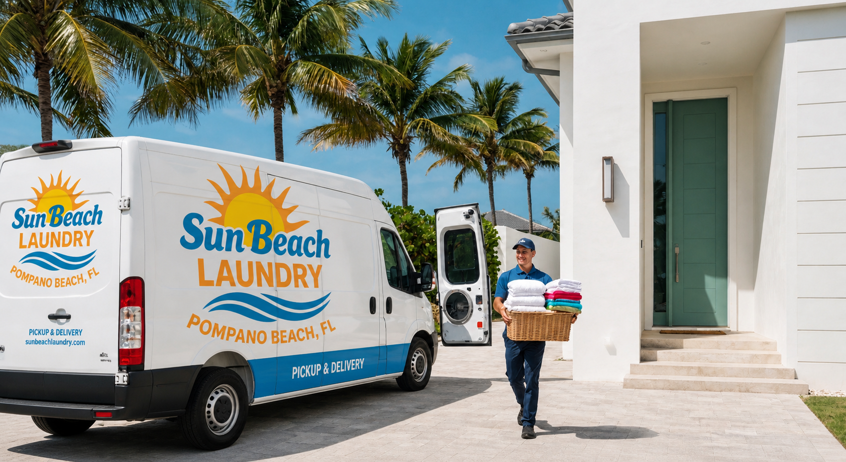 Sun Beach Laundry delivery driver carrying clean laundry to a home in Lauderdale-by-the-Sea, FL