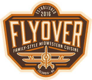 Flyover restaurant logo in orange and brown, with “Family-Style Midwestern Cuisine” and “Established 2016”