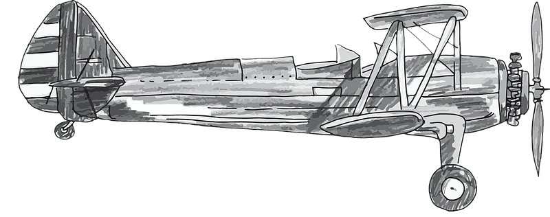 Side view sketch of a vintage biplane with landing gear and propeller on a white background