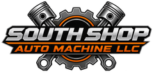 South Shop Auto Machine LLC logo with pistons and gear in black, orange, and silver