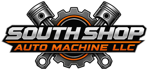 South Shop Auto Machine LLC logo with pistons, gears, and orange-gray automotive design