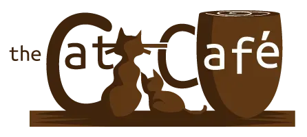 A logo for the cat cafe with two cats and a cup of coffee