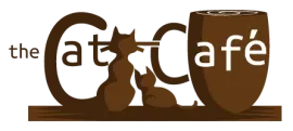 A logo for the cat cafe with two cats and a cup of coffee