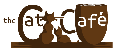 A logo for the cat cafe with two cats and a cup of coffee