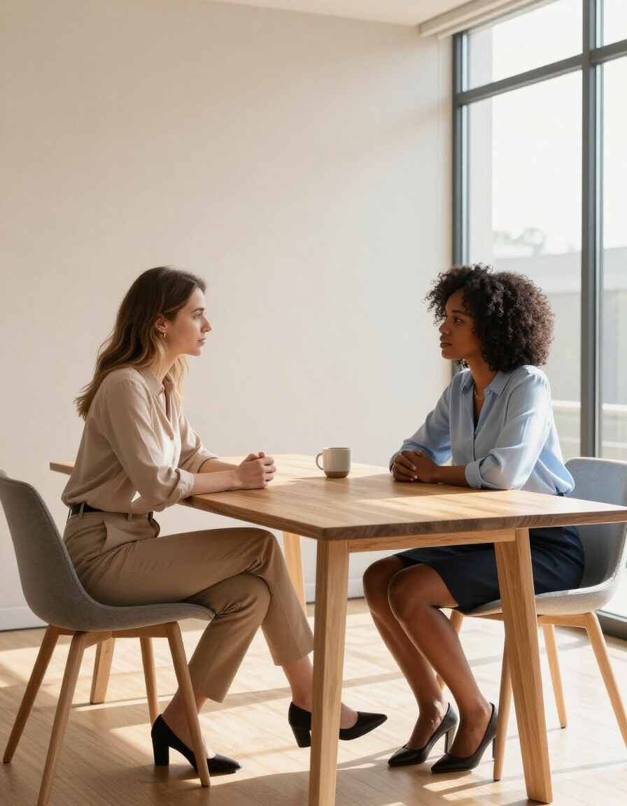 Dos personas conversando frente a una pequeña mesa de madera en una habitación moderna y luminosa con grandes ventanales.