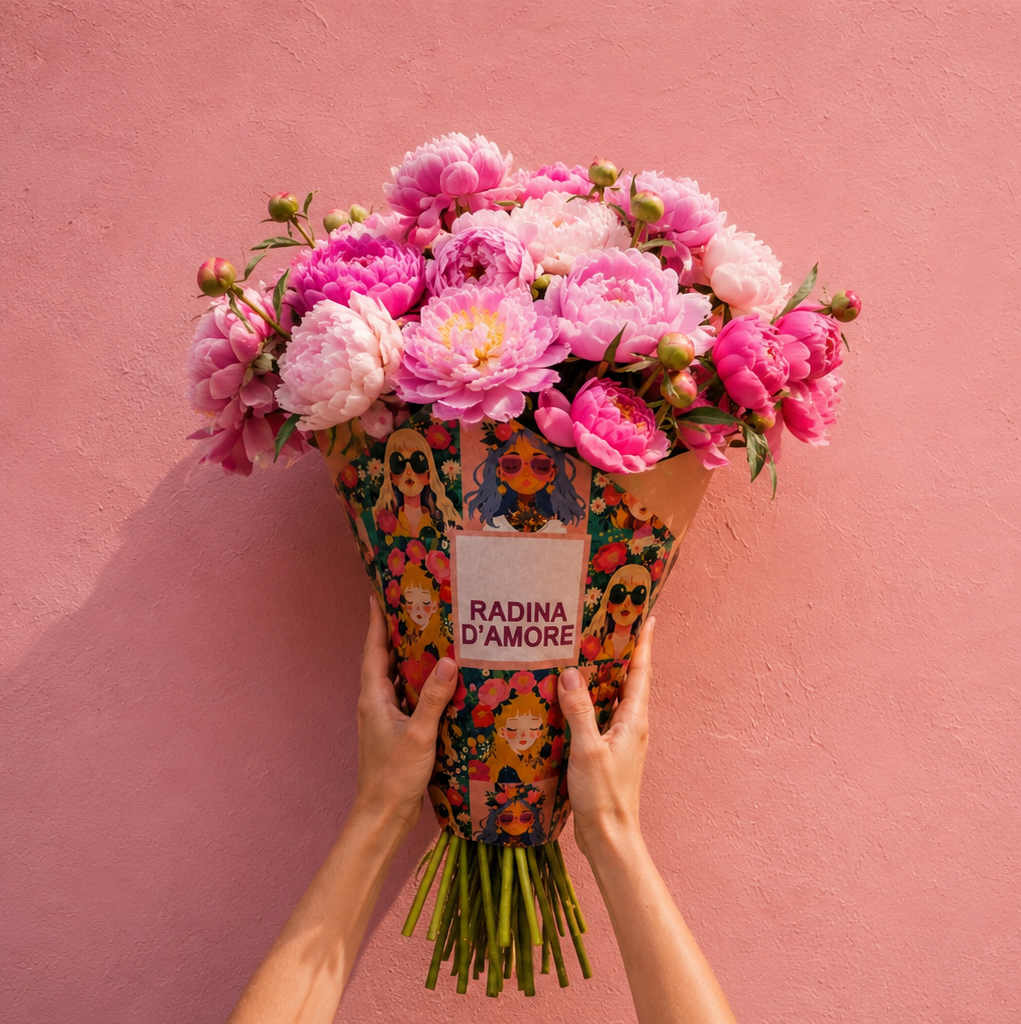 Bouquet of pink flowers in a colorful wrapped vase held against a pink background.