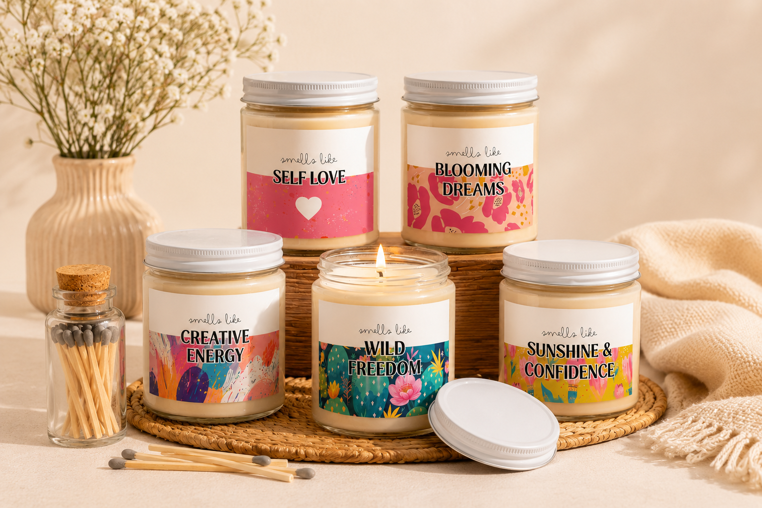 Colorful labeled jars of homemade candles on a beige fabric backdrop with dried flowers and decorative decor