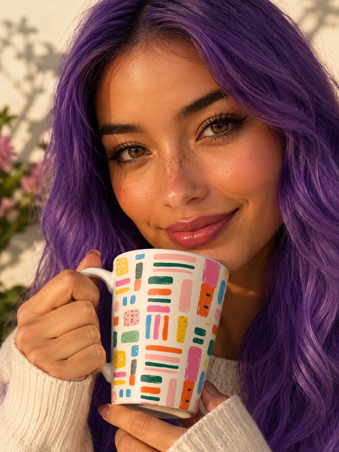 Woman with purple hair holding a colorful patterned mug and smiling outdoors