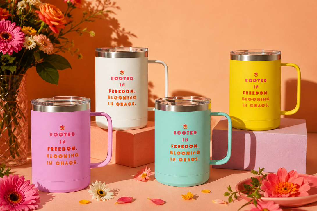 Four colorful glass mugs with floral designs on a pink floral display