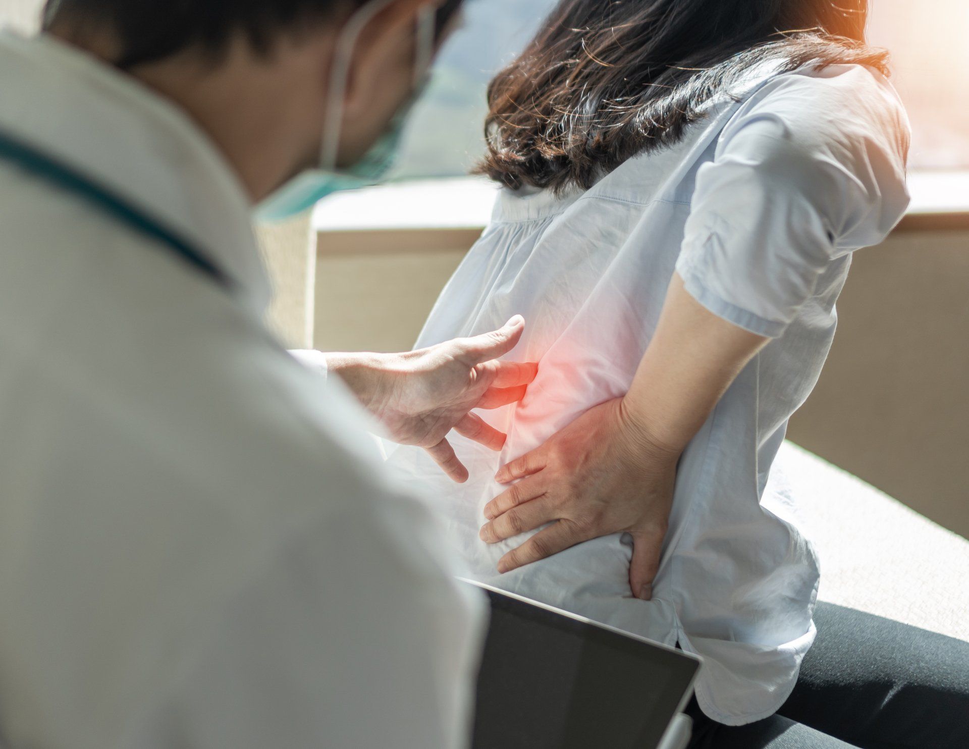 Back pain, lower back ache, muscle or spine injury in menopause woman patient with backache from osteoporosis disease or office syndrome seeing orthopedic surgical doctor for medical treatment