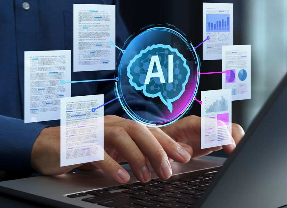 Hands typing on laptop with glowing AI icon and floating data charts around it