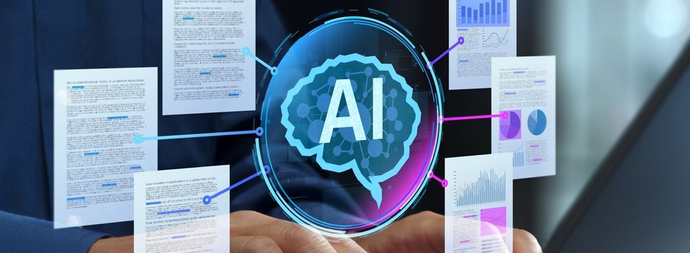 Futuristic AI interface with glowing brain icon and analytics charts on digital screens