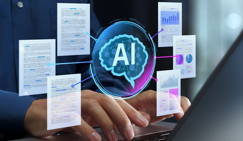 Hands typing on a laptop with floating AI and data interface screens in blue tones
