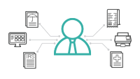 image graphic representing a person interacting with computers, files and printers