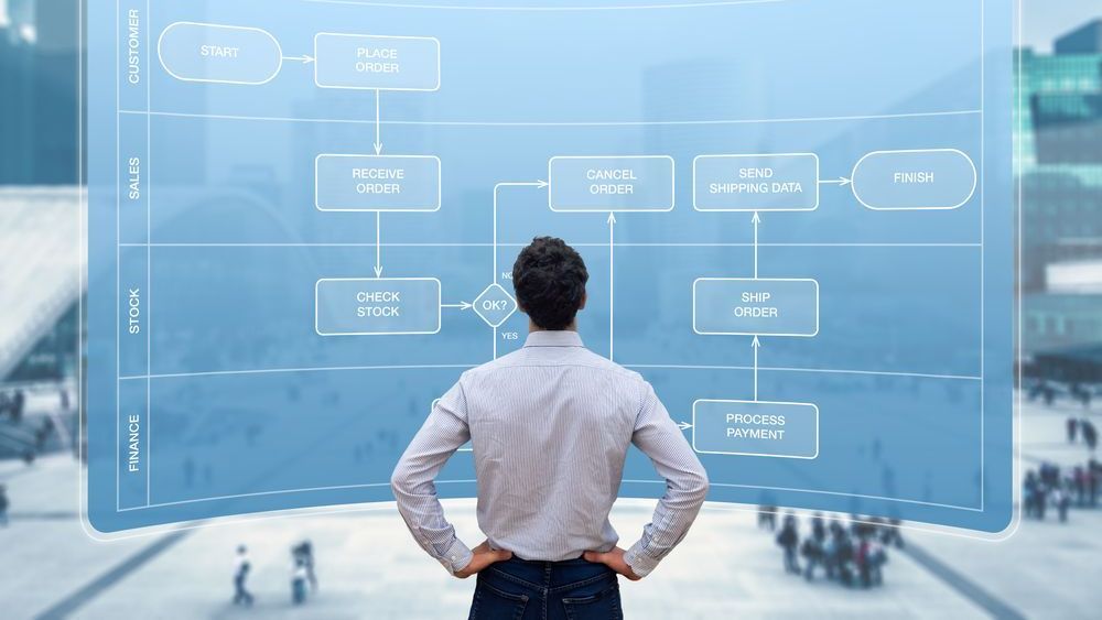 image of man looking at a workflow diagram