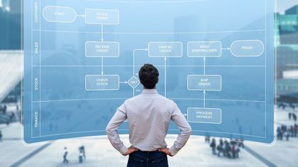image of man standing infront of a worfklow design