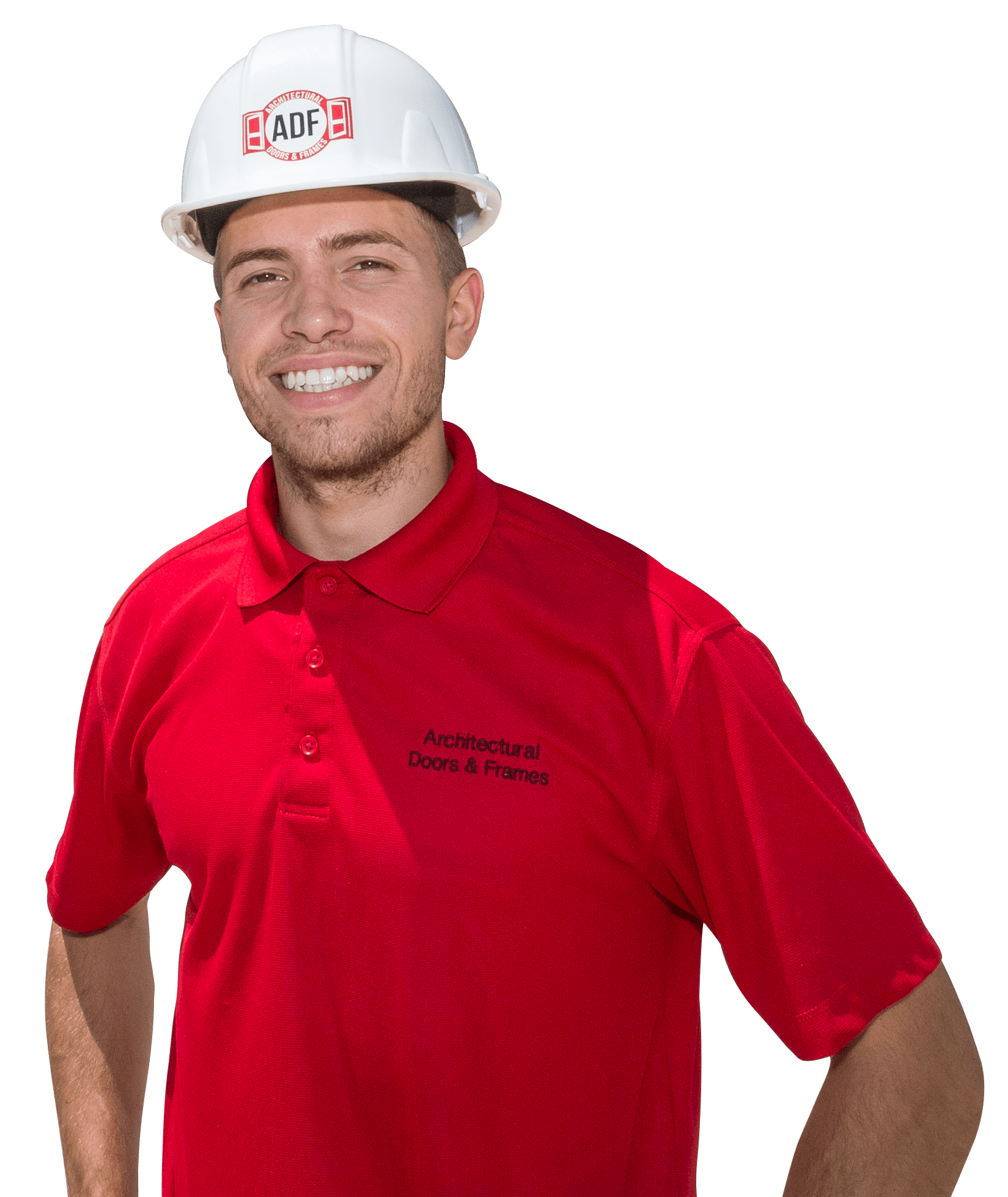 Man in red shirt and hard hat smiles at camera.