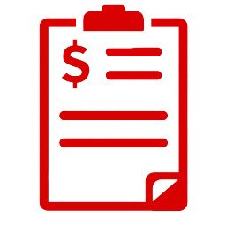 Red clipboard with dollar sign and lines representing text.