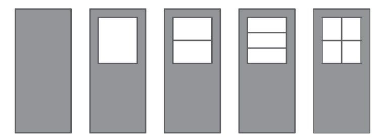Five gray doors with varying window panel designs.