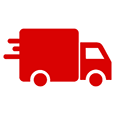 Red delivery truck moving quickly.
