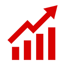 Red bar graph with an upward-pointing arrow, indicating growth.