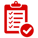 Red checklist with checkmarks and a checkmark in a circle.