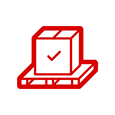 Red icon of a box with a checkmark on a pallet.