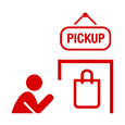 Red icon: Person awaiting pickup order at a counter with a bag and