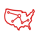 Red outline of the United States with interconnected dots representing a network.