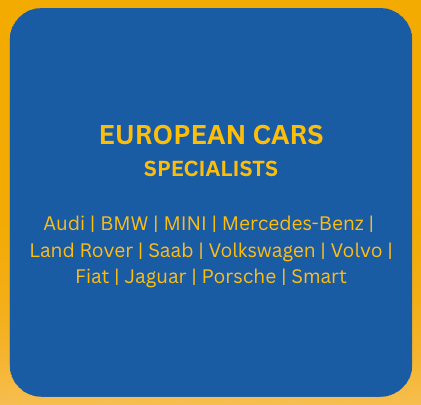 Advertisement for European car specialists, with a blue background, and gold text listing car brands.