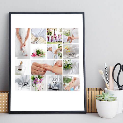 Framed minimalist collage print on a desk with plants and art supplies
