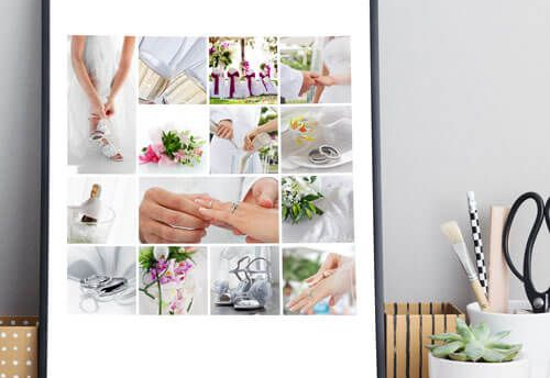 Wedding inspiration collage on a white board, with flowers, rings, shoes, and bridal details